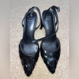 a new day Black Sequin Pointed Slingback Heels